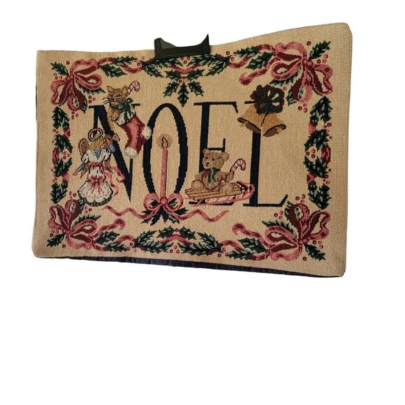 Set of 6 Vtg Needlepoint Christmas NOEL Placemat  With Holiday Motifs & Bow Ribb - Picture 1 of 16